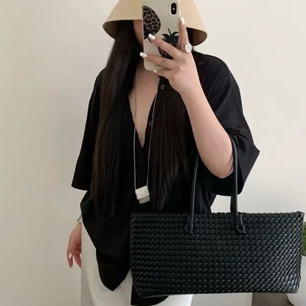 *New* Black Woven East-West Style Shoulder Tote HandBag Work Travel Going Out - Picture 6 of 7